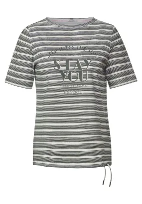 321138- Fine Stripe TShirt w/ wording Print- Khaki- Cecil