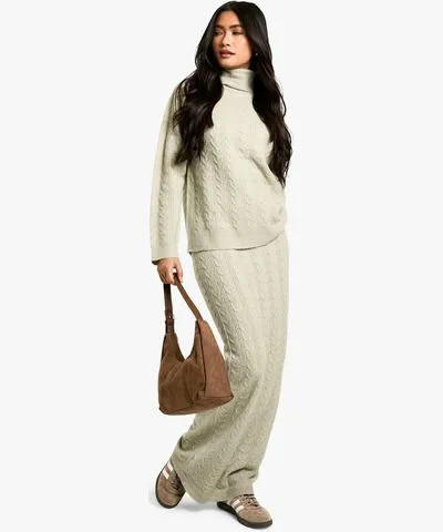 boohoo Womens Soft Cable Roll Neck Sweater And Maxi Skirt Co-Ord