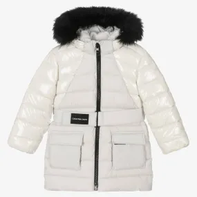 Girls Grey Belted Puffer Coat