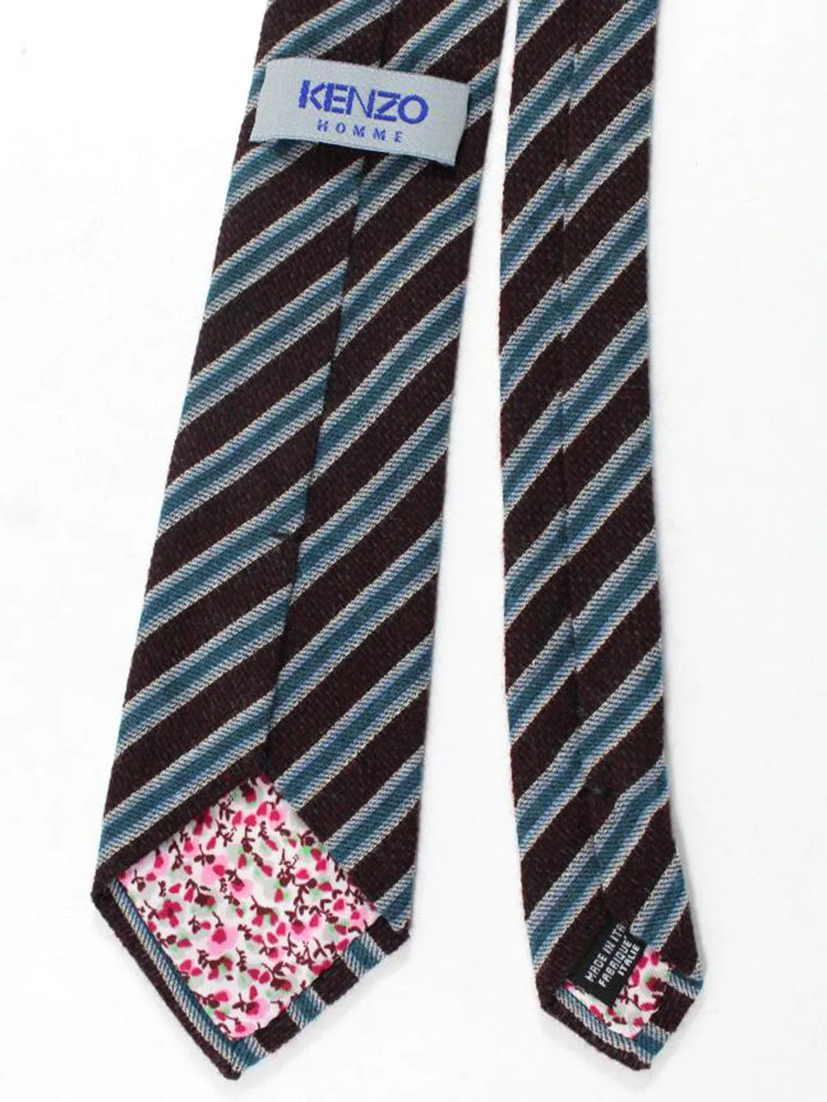 Kenzo Tie Maroon Teal Stripes Wool Silk Narrow Necktie SALE