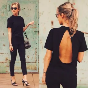 sexy backless shirt turtleneck short sleeve t shirt women slim body shirt SM6