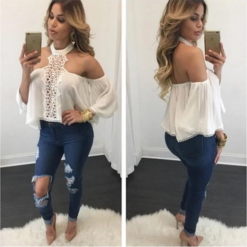 Women Blouses Chiffon Backless Halter Top Flare Sleeve White Lace Blouse Off Shoulder Long Sleeve Blouse Femme #B803 SM6